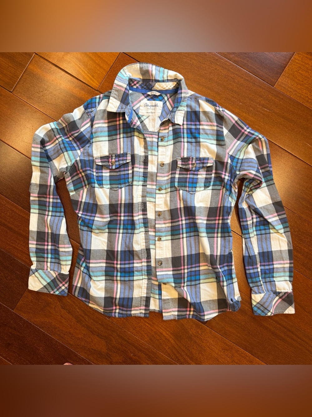 Aeropostale Girls Plaid Button-Down Shirt - Blue, White, Black